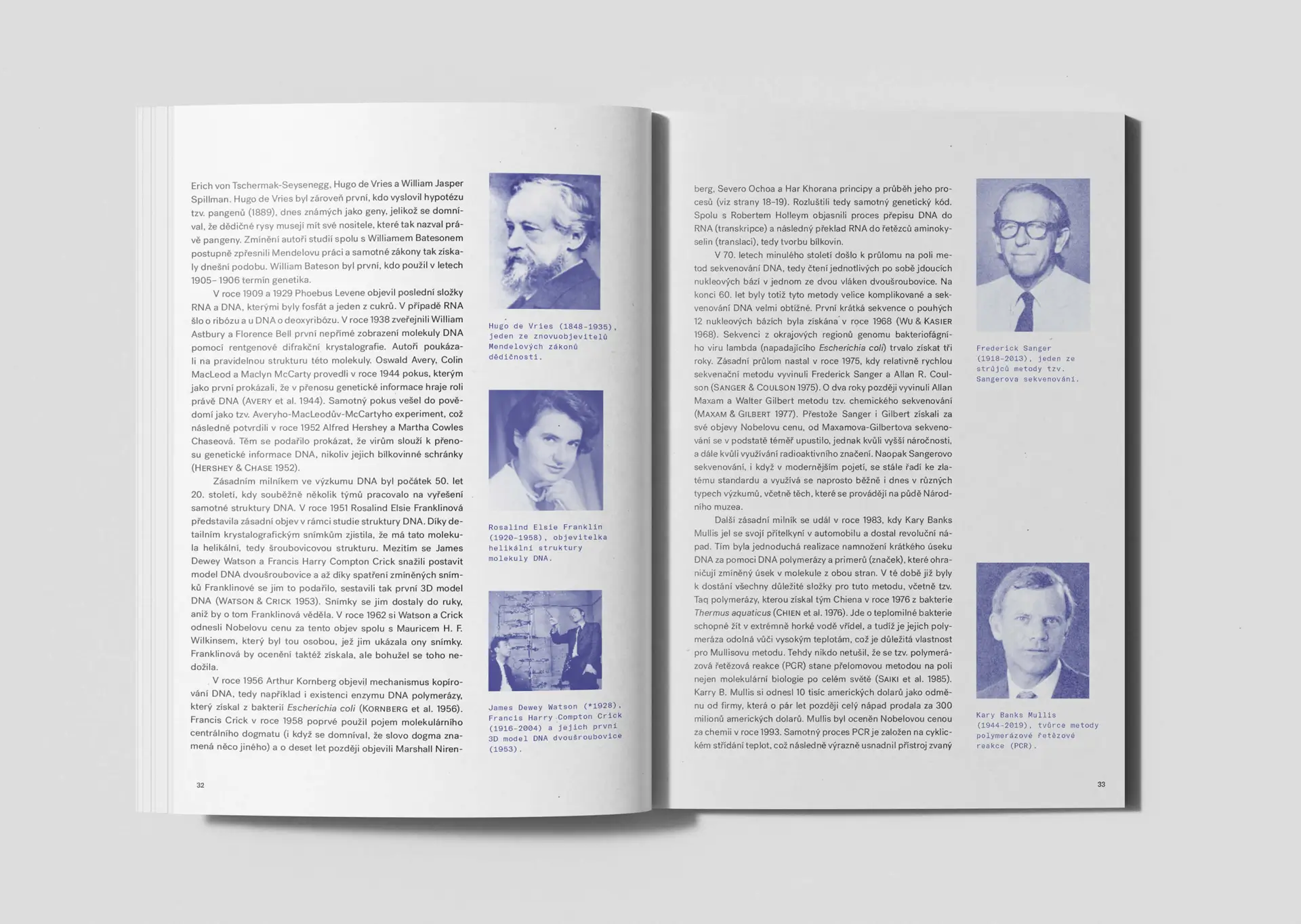 Otevřená publikace z výstavy Doba genová s portréty vědců a texty o objevech v oblasti genetiky a DNA výzkumu.