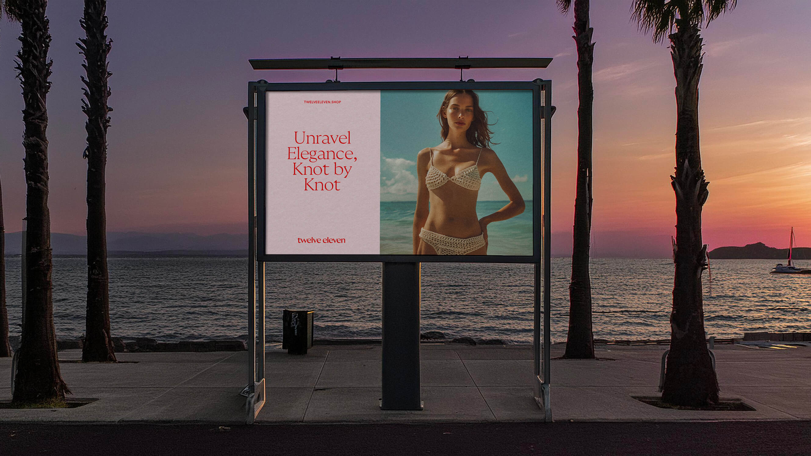 Billboard značky Twelve Eleven s vizuálem plavek u moře při západu slunce, součást vizuální identity značky.