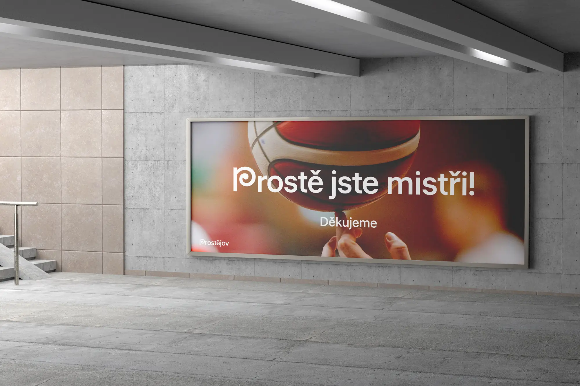Městský billboard Prostějov s motivem basketbalového míče a sloganem „Prostě jste mistři! Děkujeme“.
