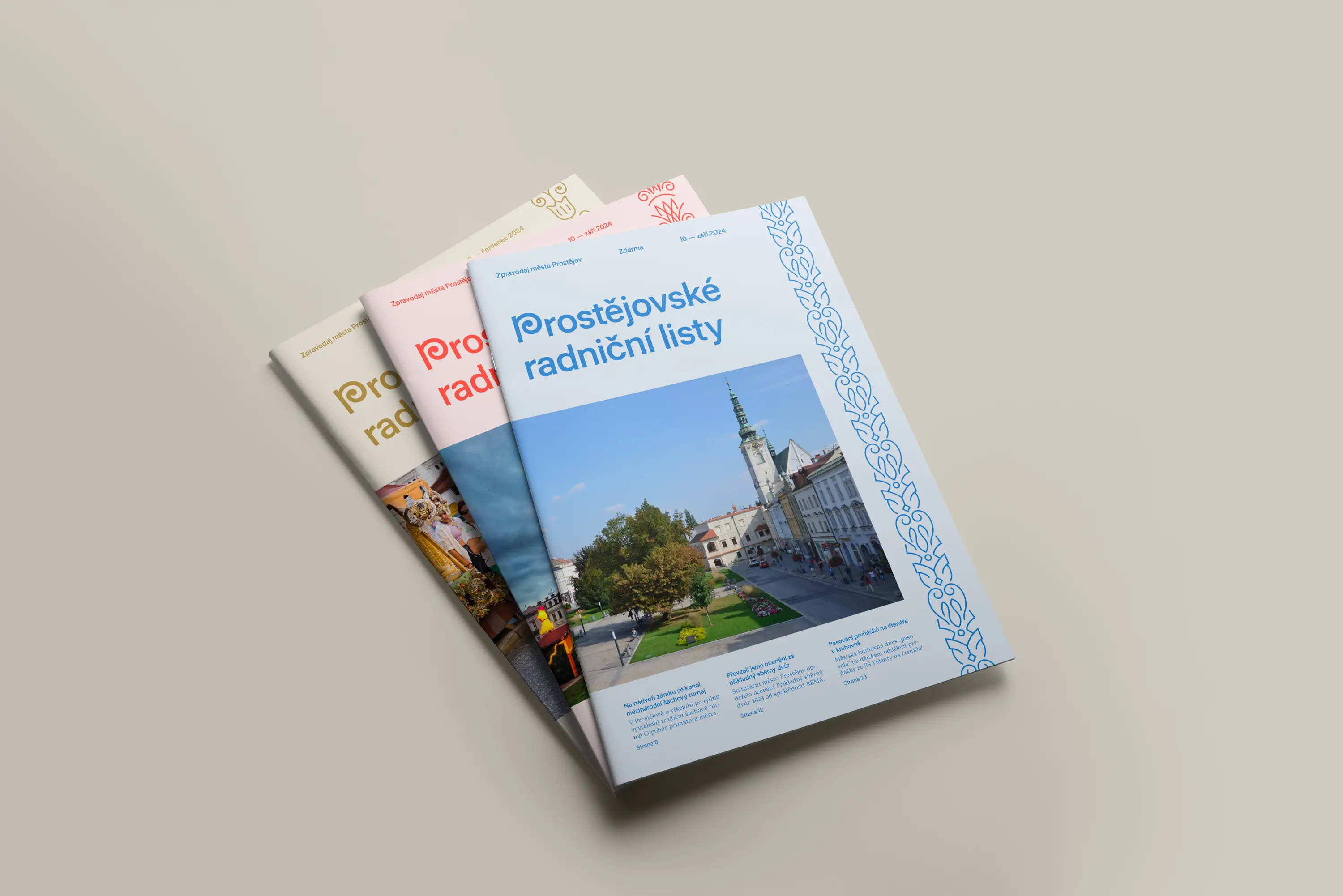 Tři vydání Prostějovských radničních listů s novým vizuálním stylem a ornamentální grafikou.