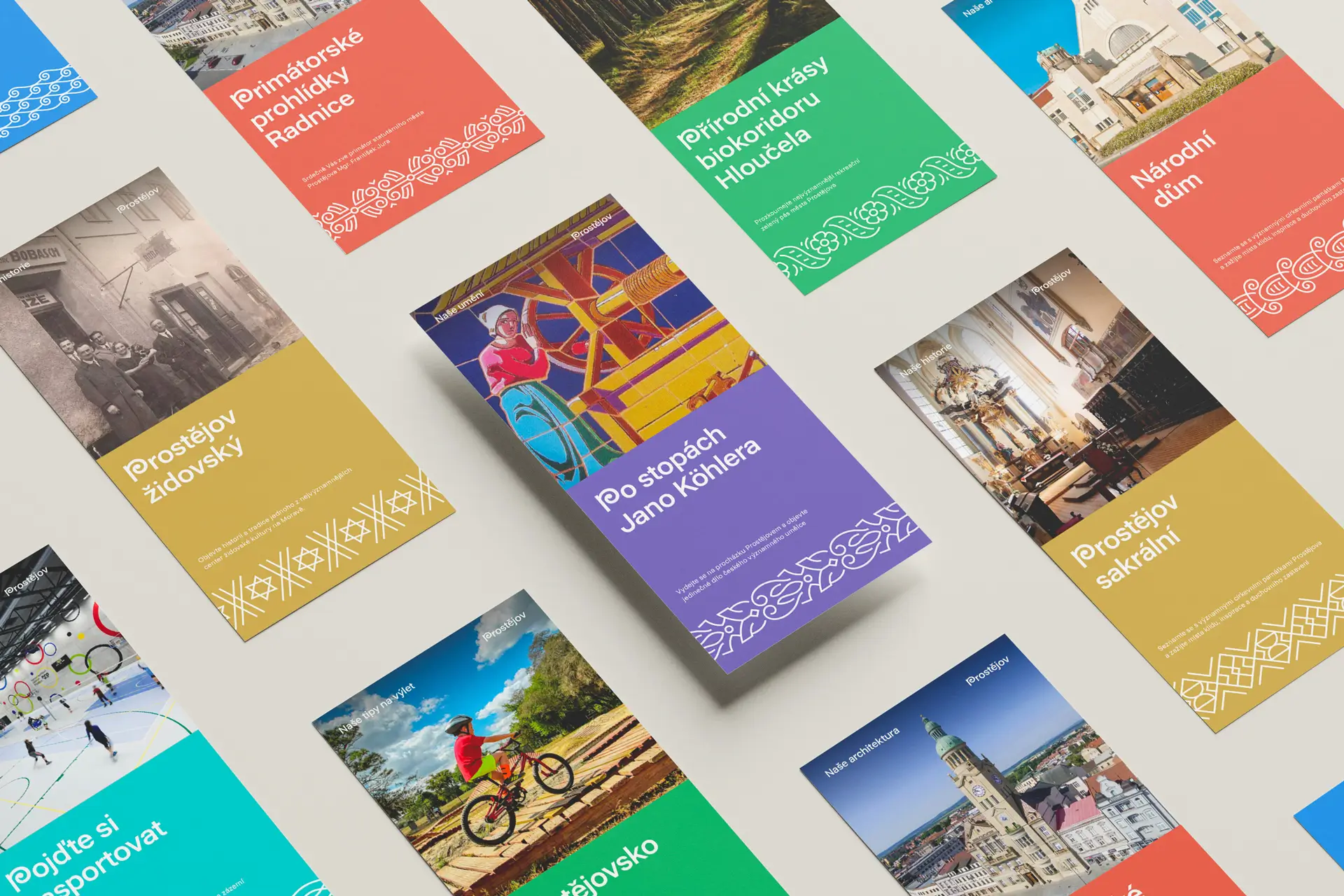 Série barevných propagačních letáků města Prostějov s motivy architektury, kultury a přírody.