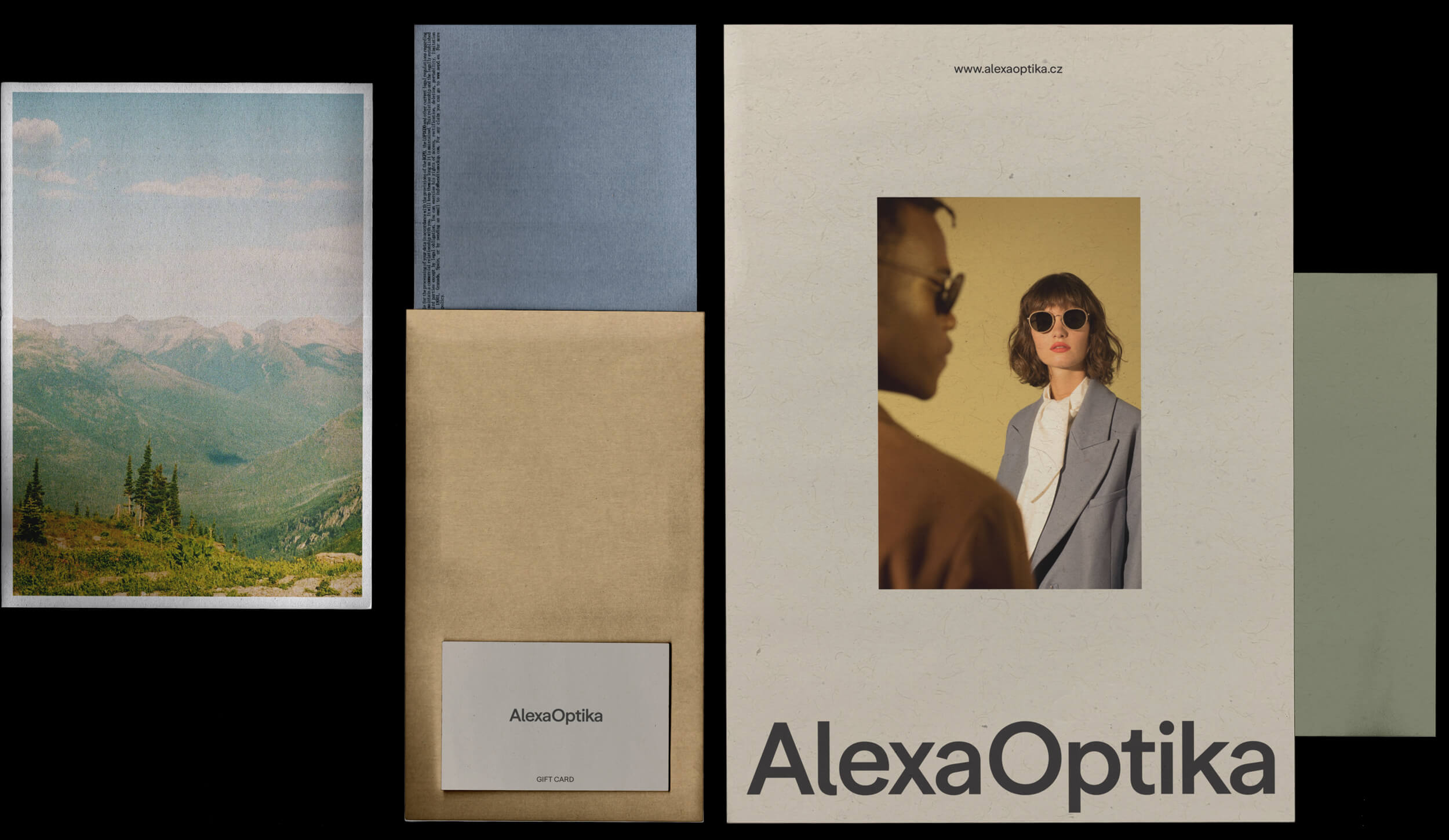 Tištěné materiály Alexa Optika – vizitka, leták a dárkový poukaz v kombinaci tlumených přírodních tónů.