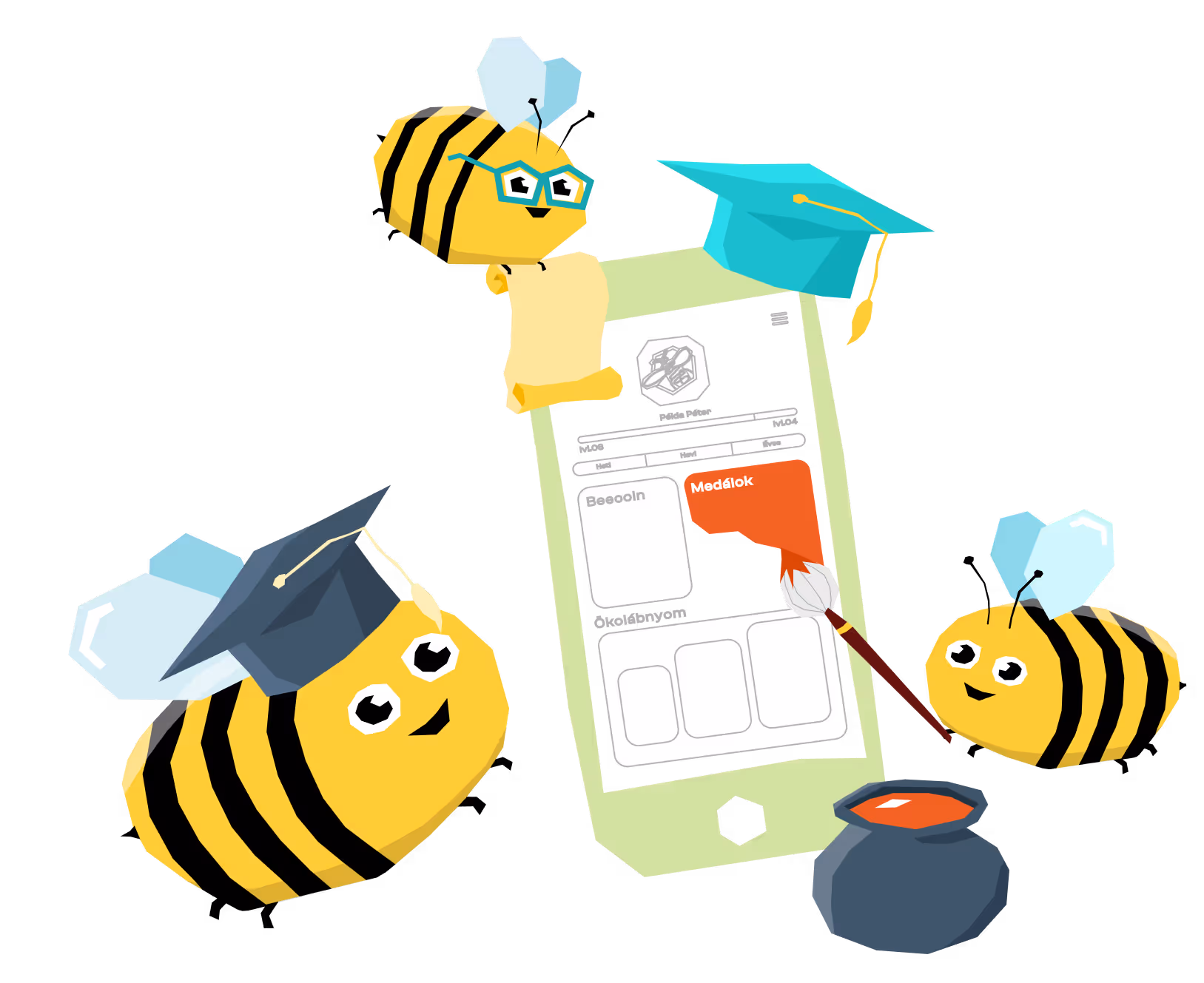 Három aranyos méh figura egy zöld okostelefon körül, amelyen egy diploma sapkás oklevél látható, egyikük festőecsettel fest egy piros zászlót.