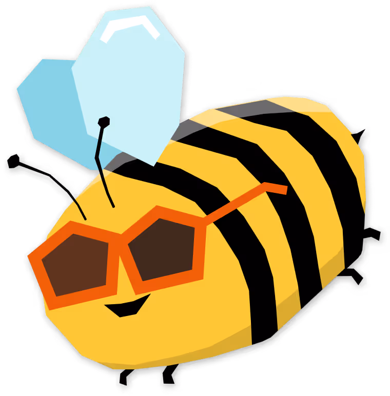 Vidám, napszemüvegben lévő méh kék szárnyakkal rajzolt stílusban.