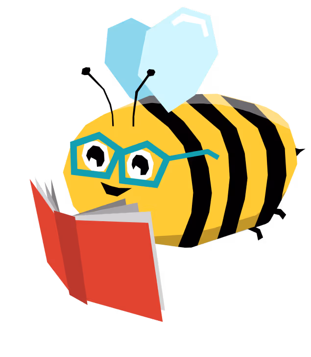 Rajzolt méh kék szemüvegben, amely egy nyitott piros könyvet olvas.