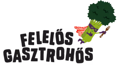 Felelős Gasztrohős logó, benne egy zöld színű, köpenyes és maszkos karakter ekével.