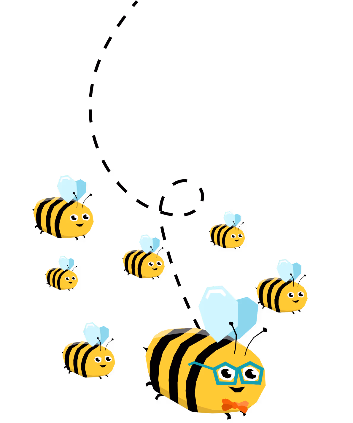 Heten repülő méhek csoportja, az egyik méh kék szemüveget és piros csokornyakkendőt visel.