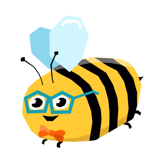 Vidra szemüveget visel és narancssárga csokornyakkendőt viselő aranysárga és fekete csíkos méhecske rajzfilmfiguraként.
