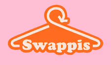 Narancssárga vállfa stilizált logó a Swappis felirattal rózsaszín háttéren.