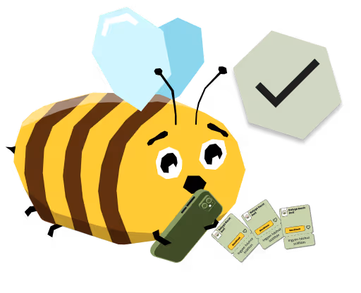 Aranysárga és barna csíkos méh, amely okostelefont tart, körülötte üzenetbuborékok és egy zöld pipa ikon.