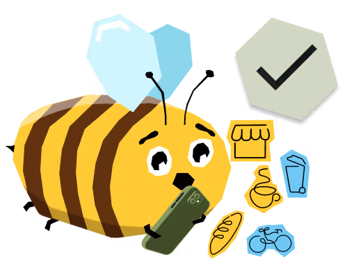 Rajzolt méh mobiltelefonnal, körülötte bolt, ital, kávé, kenyér és kerékpár ikonjai, valamint pipa egy hatszög alakú háttéren.