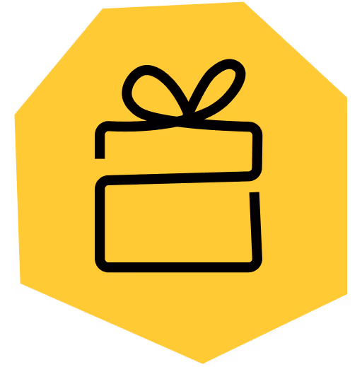 Ajándékdoboz masnival sárga hatszög alakú háttéren.