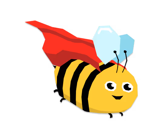 Aranysárga, fekete csíkozású aranyos rajzolt méh nagy, fényes kék szárnyakkal és mosolygó arccal.