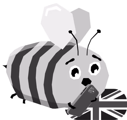 Rajzolt méh, amely telefont tart a mancsában egy brit zászló előtt.