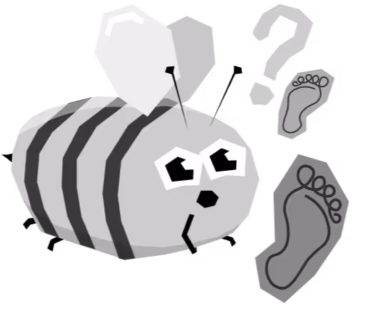 Rajzolt méh, amely két emberi lábnyom mellett egy kérdőjelet néz.