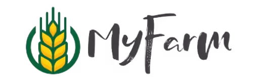 Sárga kalász zöld félkörrel és a MyFarm szöveg logóként.