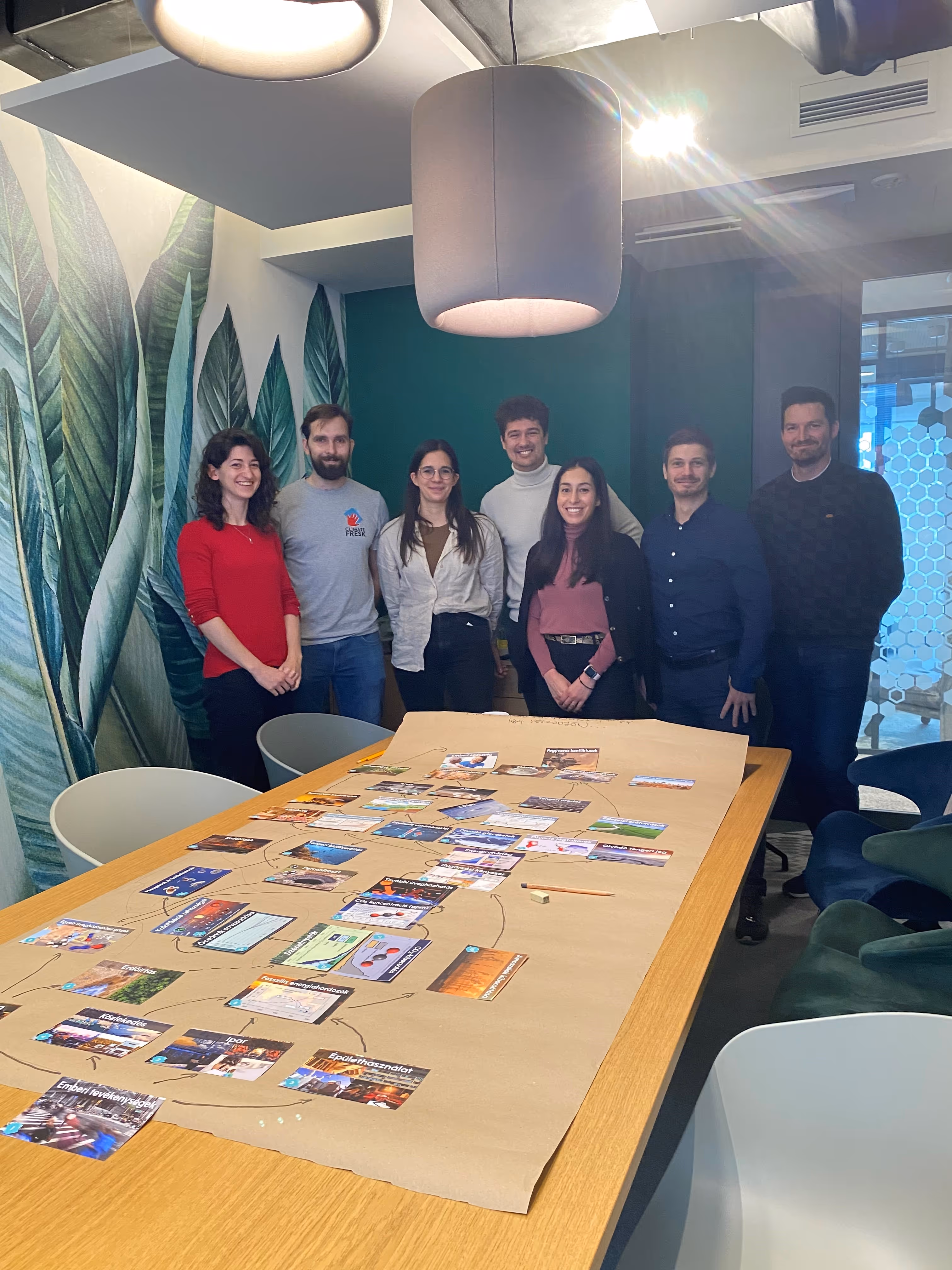 Hét ember áll egy asztal mögött, amin nagy barna papírra ragasztott képek és jegyzetek vannak, a háttérben zöld leveles faldekoráció látható.