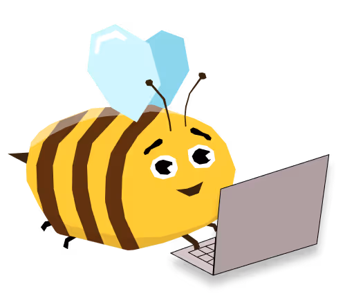 Mosolygó rajzolt méh, amint laptopot használ.