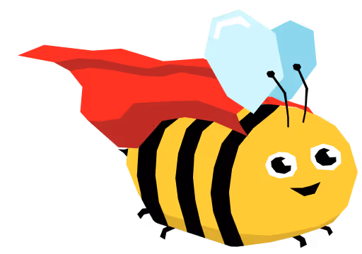 Aranysárga, fekete csíkos méh piros szuperhős köpenyben, kék szárnyakkal és mosolygó arccal.