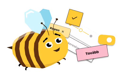 Aranysárga méh fekete csíkokkal, mellette kupont és keresőmezőt ábrázoló grafika egy rózsaszín Tovább gombbal.