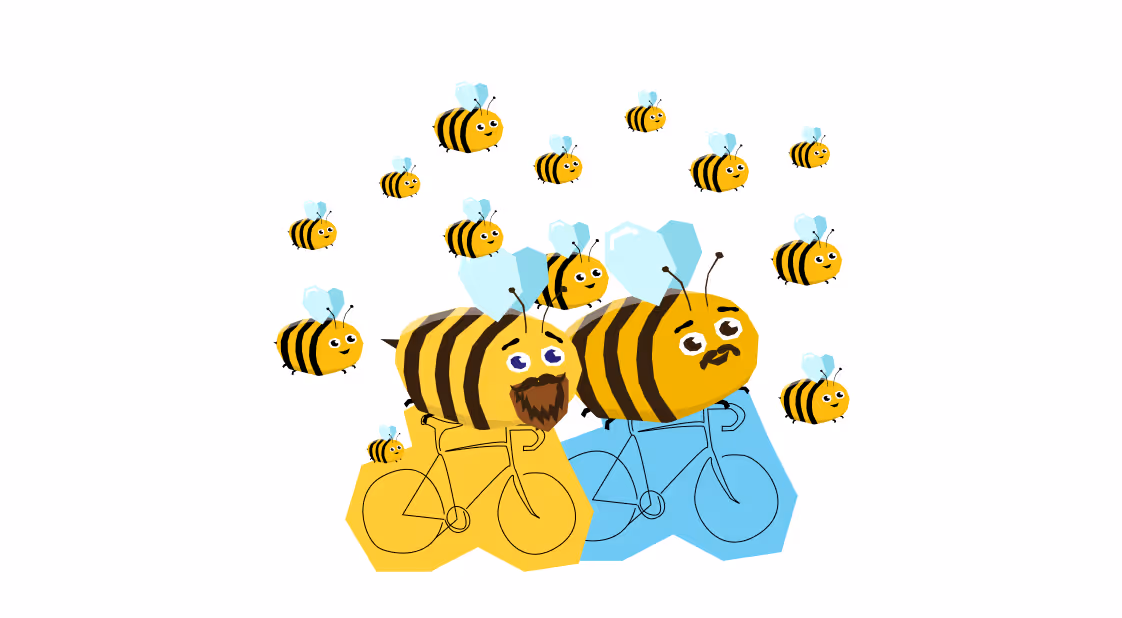 Két nagy méh arany és kék keretben, amelyek bicikliznek, körülöttük sok kisebb méh repül.