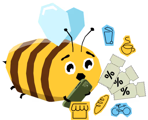 Aranysárga méhecske okostelefonnal, mellette kedvezménykupont, bevásárlóboltot, poharat, kávés csészét, kenyeret és kerékpárt ábrázoló ikonok.