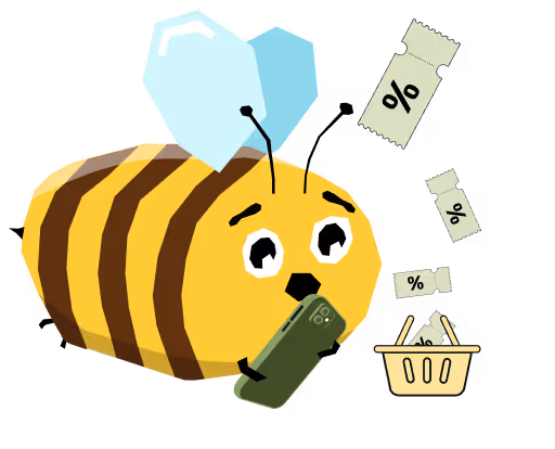 Rajzolt méh okostelefont tart, és kuponok repülnek egy bevásárlókosár felé.