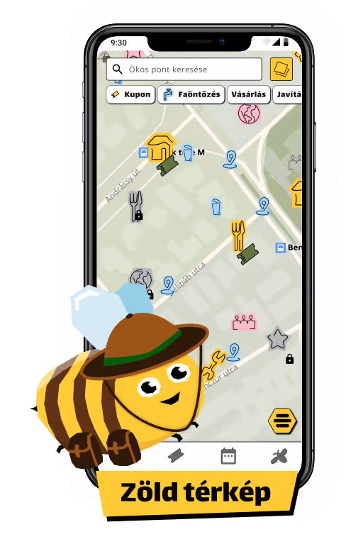 Mobiltelefon képernyőjén egy térkép alkalmazás zöld pontokat és különböző ikonokat mutat; elöl egy rajzolt méhecske kalapban, alul a Zöld térkép felirat látható.
