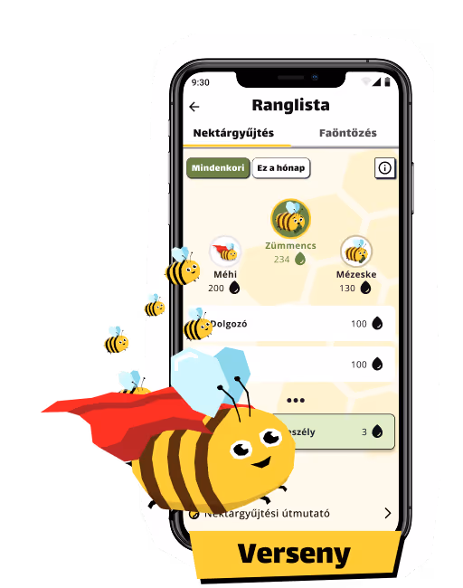 Mobiltelefon képernyőjén egy versenyrangsor látható méhekkel és pontszámokkal, előtérben szuperhős jelmezbe öltözött méhecskék.