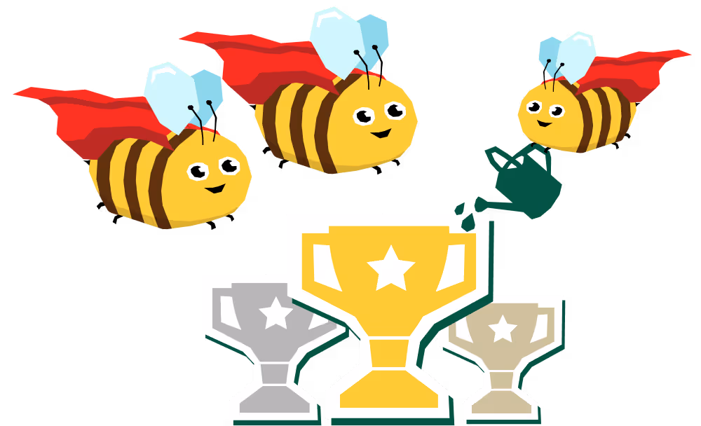 Három szuperhős méh repül egy arany, ezüst és bronz díjjal, egyikük egy zöld locsolókannával vizet önt a díjakra.