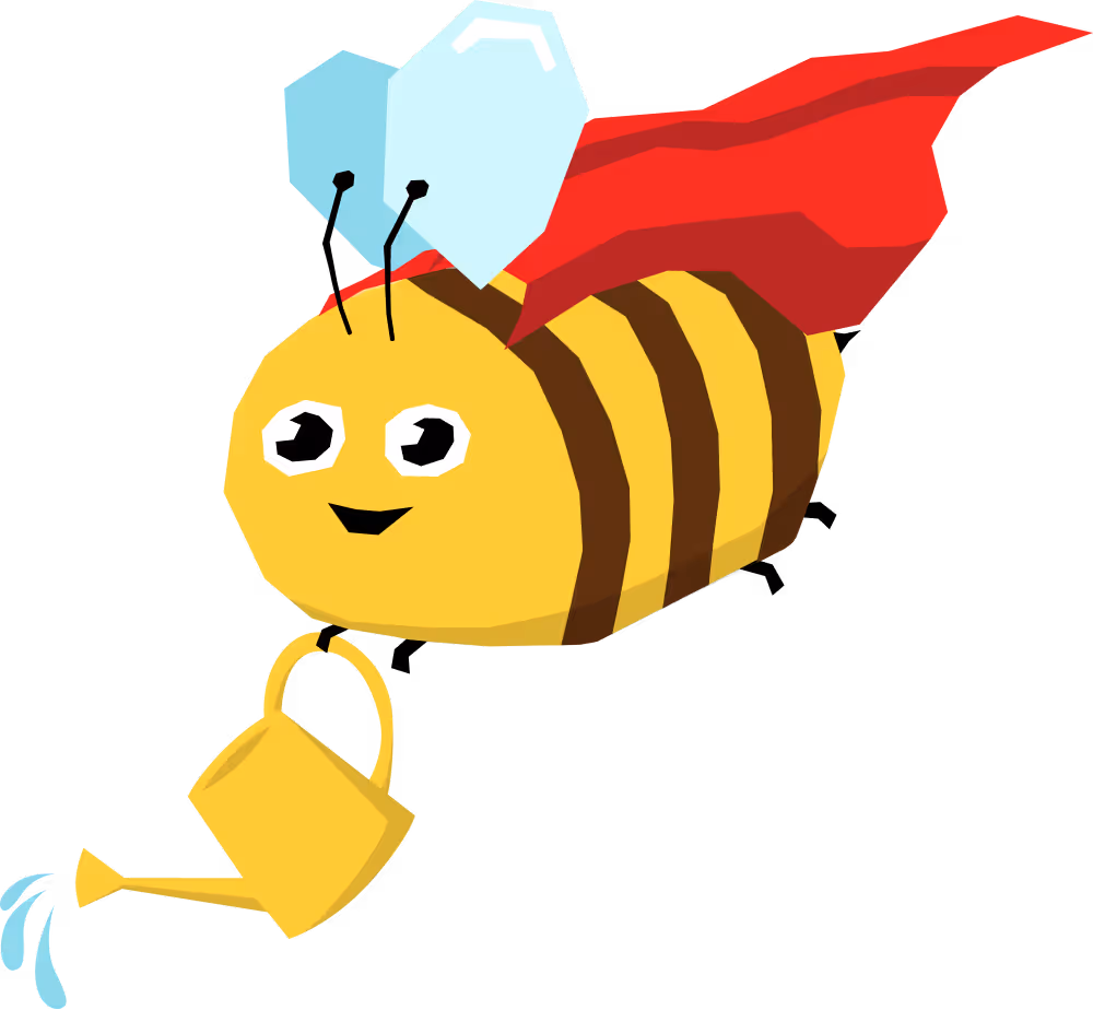 Vidám, rajzfilmszerű méh piros köpenyben, kezében sárga locsolókannával vízcseppekkel.