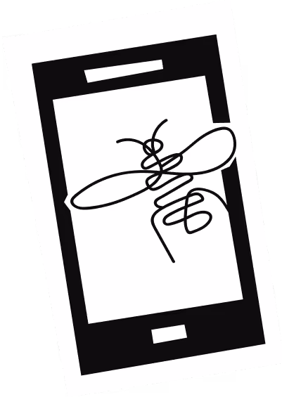 Fekete-fehér rajzolt okostelefon képernyőjén egy repülő élethű szitakötő.