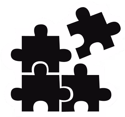 Négy darab, egymásba illő fekete puzzle darab fehér háttérrel.