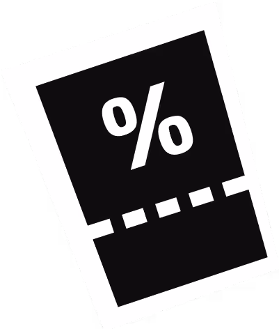 Fekete és fehér szögletes százalékjel ikon átlósan elforgatva.