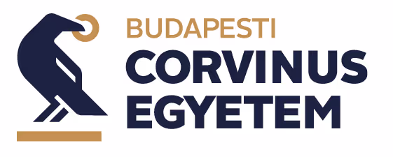 Budapesti Corvinus Egyetem logó, amely stilizált emberalakot és arany betűket ábrázol.