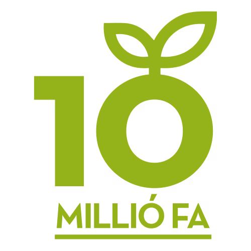 Zöld logó, amelyben a 10-es szám egyik száma kör formájú, és két levél nő belőle, alattuk a "MILLIÓ FA" felirat látható.