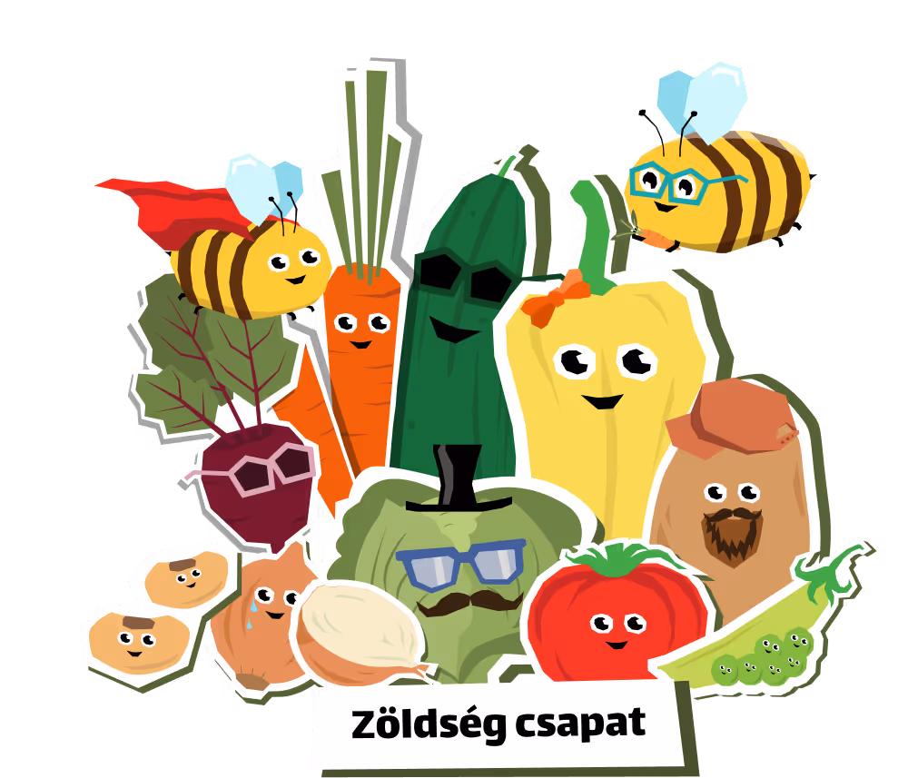 Rajzfilm zöldségek és méhek aranyos arcokkal, egy aláírással: Zöldség csapat.