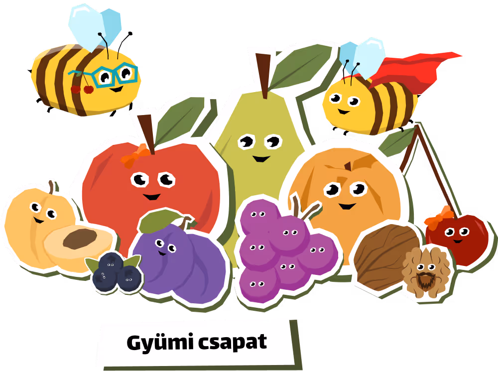 Rajzolt gyümölcsök arccal és mosollyal: alma, körte, barack, szilva, szőlő, narancs, cseresznye, dió és két méh, az egyik szemüveges.