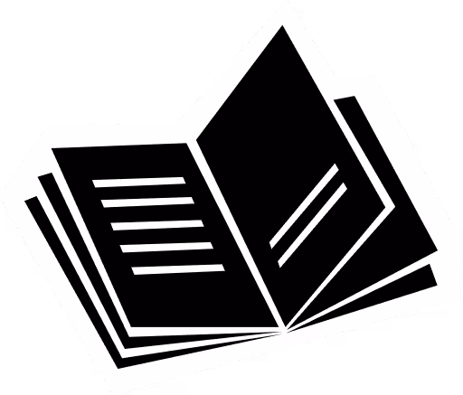 Nyitott könyv fekete-fehér stilizált dizájnban, oldalak szöveg- és vonalrészletekkel.