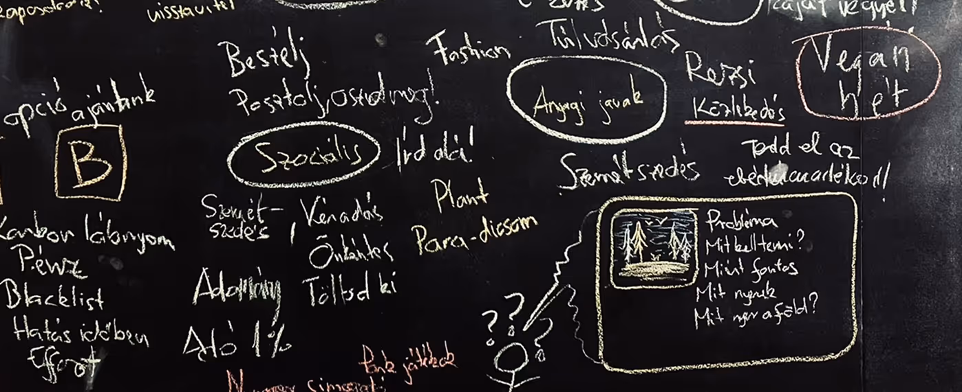 Fekete táblára fehér és színes krétával írt jegyzetek és szavak, többek között 'Szociális', 'Angyagi javak', 'Vegan hét', valamint egy körvonalas rajz erdőről és kérdőjelek egy ember felett.