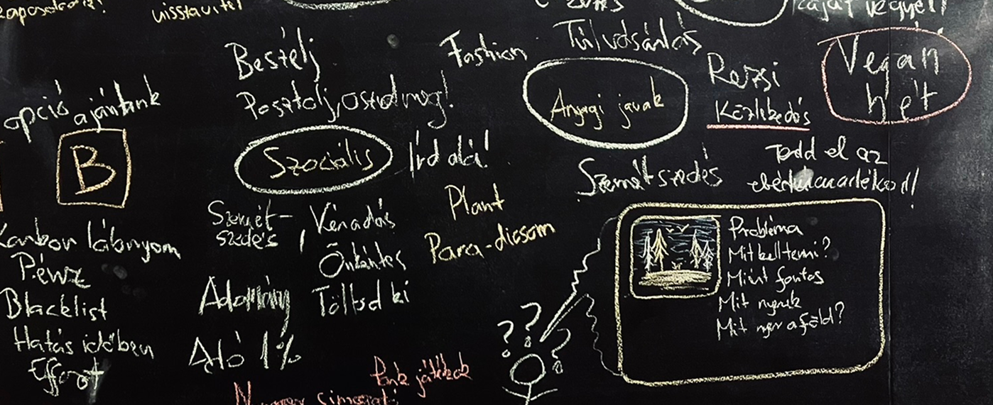 Fekete táblára fehér és színes krétával írt jegyzetek és szavak, többek között 'Szociális', 'Angyagi javak', 'Vegan hét', valamint egy körvonalas rajz erdőről és kérdőjelek egy ember felett.
