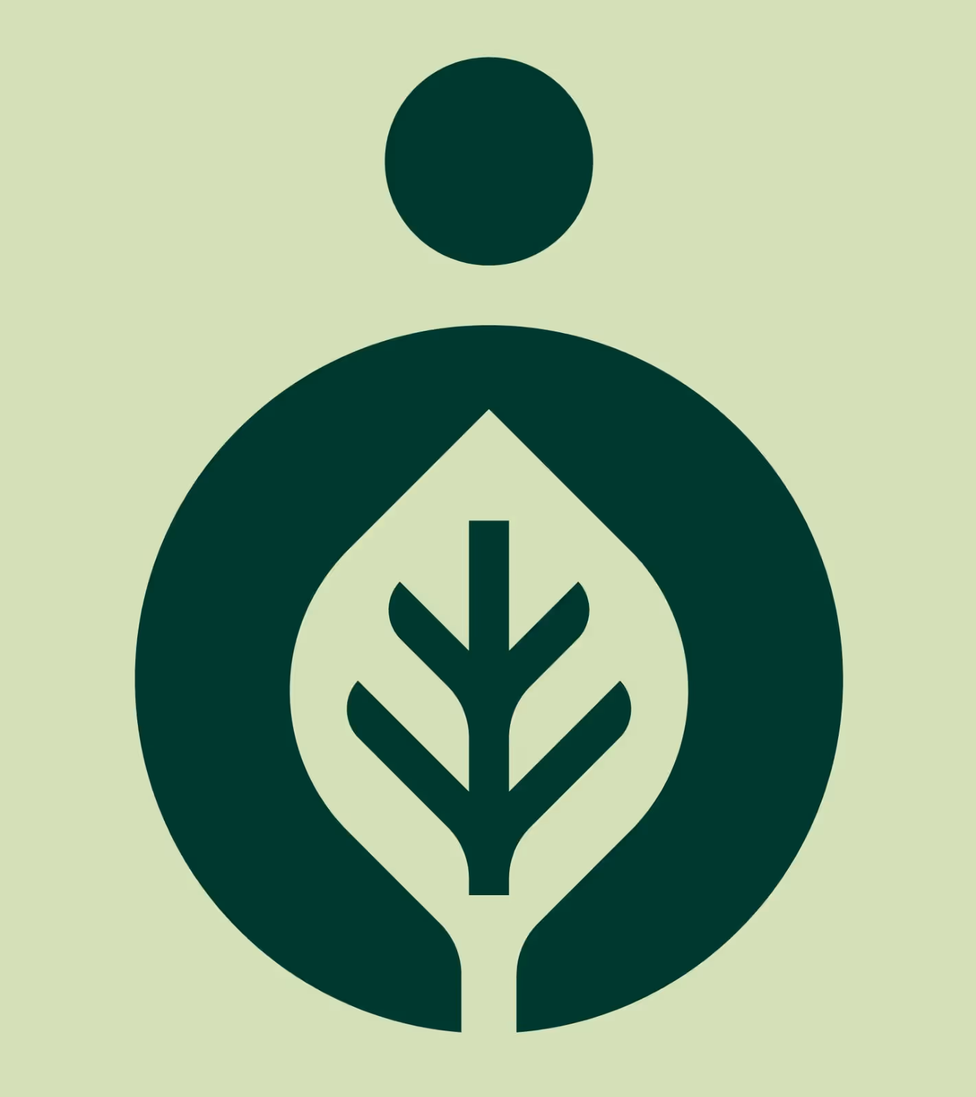 Zöld levél sziluett egy körön belül, felette egy kör, zöld színű szimbólum világosszöld háttéren.