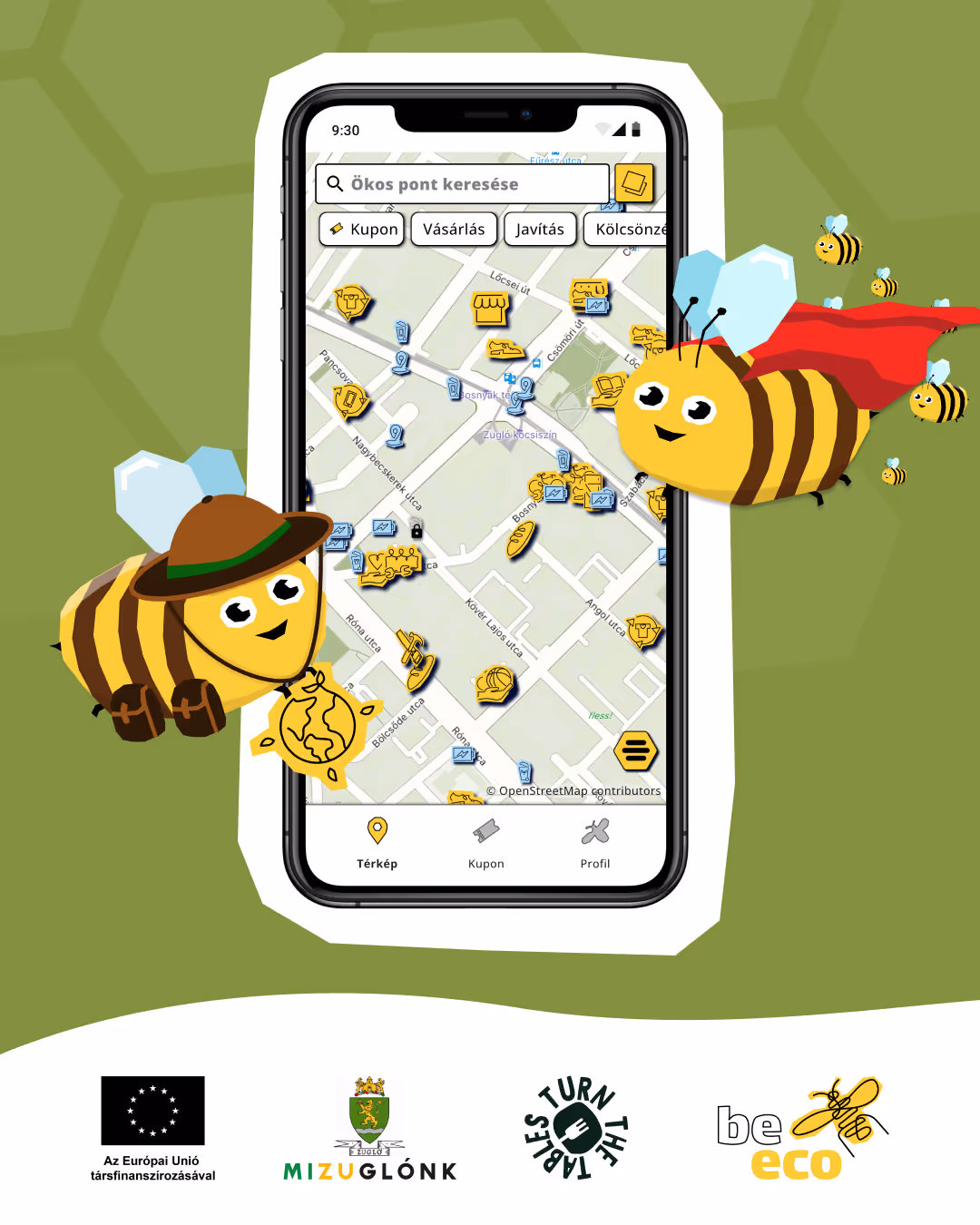 Mobiltelefon kijelzőjén térkép alkalmazás látható, amely okos pontokat jelenít meg; mellettük két rajzfilm méh repül, az egyik piros köpenyt visel.