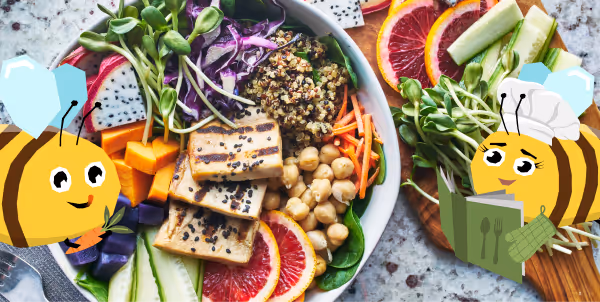 Színes vegán tál grillezett tofuval, különféle zöldségekkel, gyümölcsökkel és csicseriborsóval, két rajzolt méhfigura között.