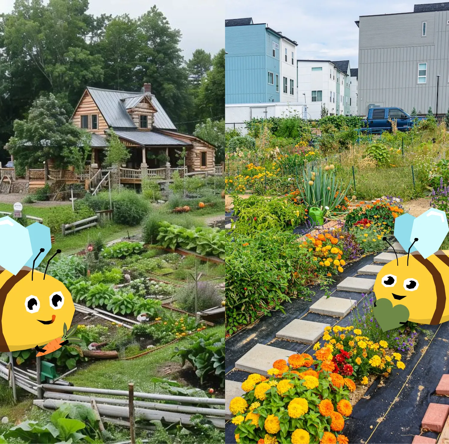Két képen közösségi vagy otthoni kertek; az egyik fa házzal, zöldségekkel, a másik városi kert virágokkal, virágágyásokkal és modern épületekkel.
