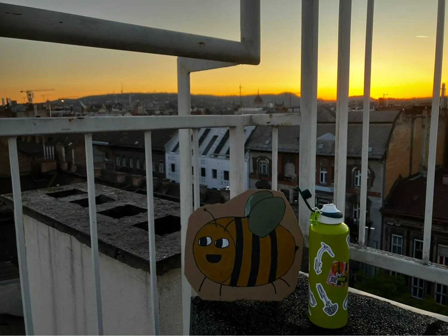 Naplemente városi panoráma egy erkélyről, előtérben egy kézzel festett méhecske rajz és egy zöld vizes palack gitár matricákkal.