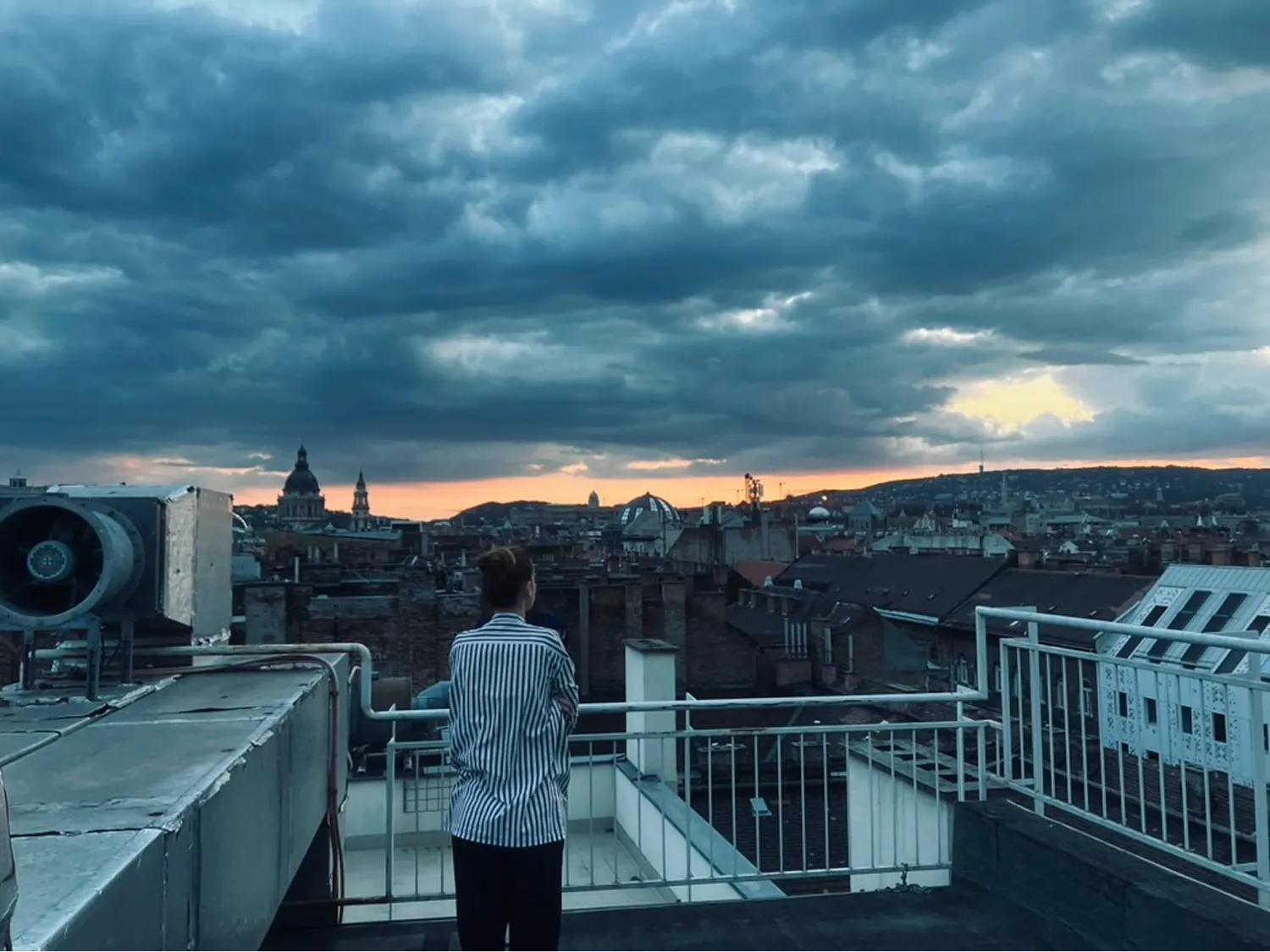 Egy nő áll egy tetőteraszon, háttal nézve a városi tetők és épületek panorámájára egy drámai, felhős alkonyati ég alatt.