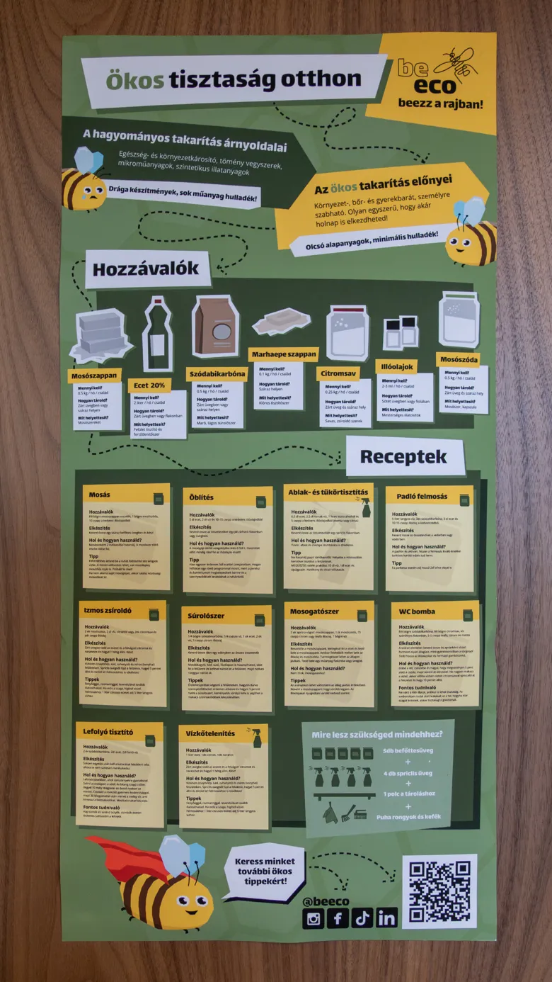 Ökos tisztaság otthon plakát, amely bemutatja a hagyományos és az ökos takarítás előnyeit, összetevőit és recepteket mosáshoz, öblítéshez, ablaktisztításhoz, padlófelmosáshoz, zsíroldáshoz, súrolószerhez, mosogatószerhez, WC-kombához, lefolyótisztítóhoz és vízkőtelenítőhöz, aranyos méhekkel díszítve.