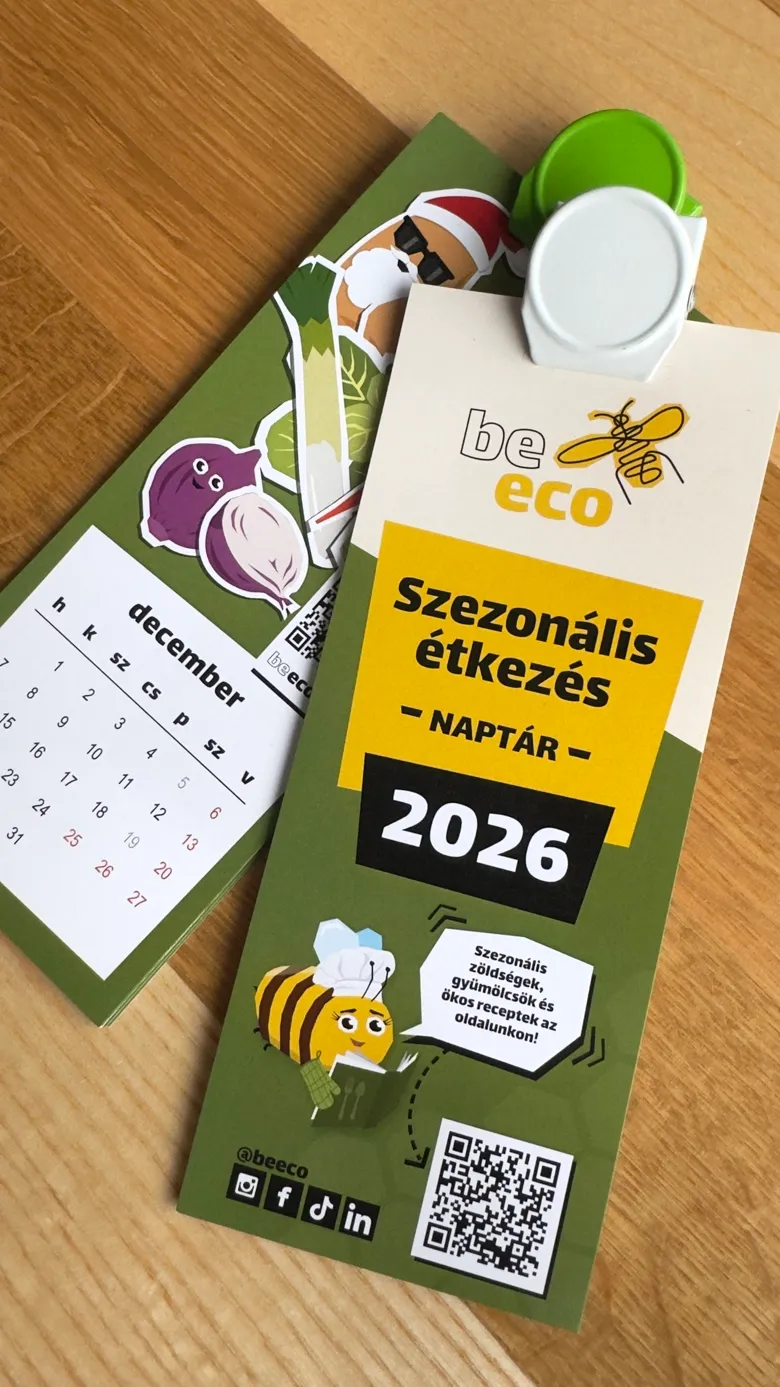Be eco szezonális étkezés naptár 2026, szezonális zöldségek, gyümölcsök és ökos receptek illusztrált méhecskével és QR kóddal.