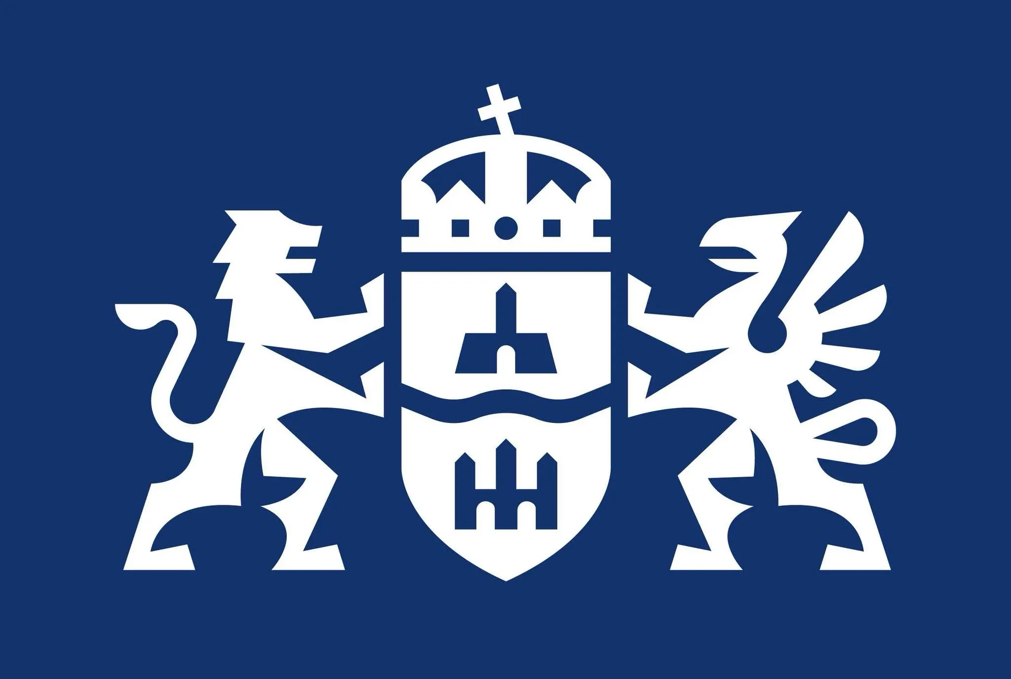 Kék háttéren fehér címer, amelyet oroszlán és griffmadár tart.